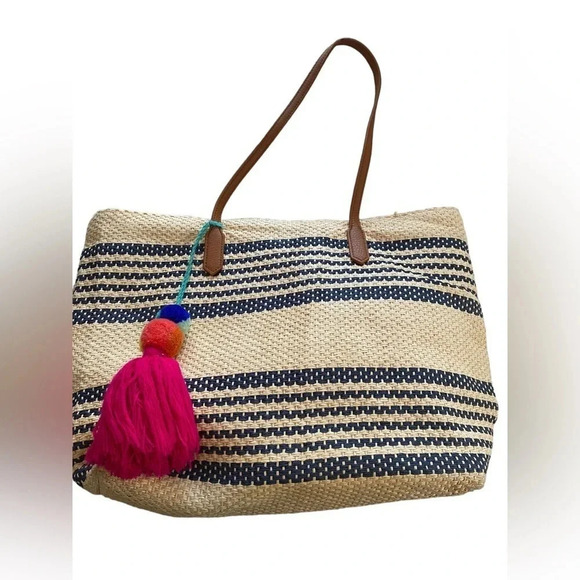 Old Navy Handbags - EUC Old Navy Basket Striped Tote Bag Colorful Tassel - Great for the Beach